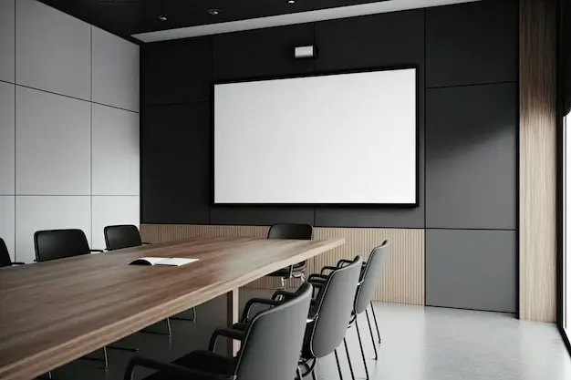 Modern meeting room with a large screen for presentations