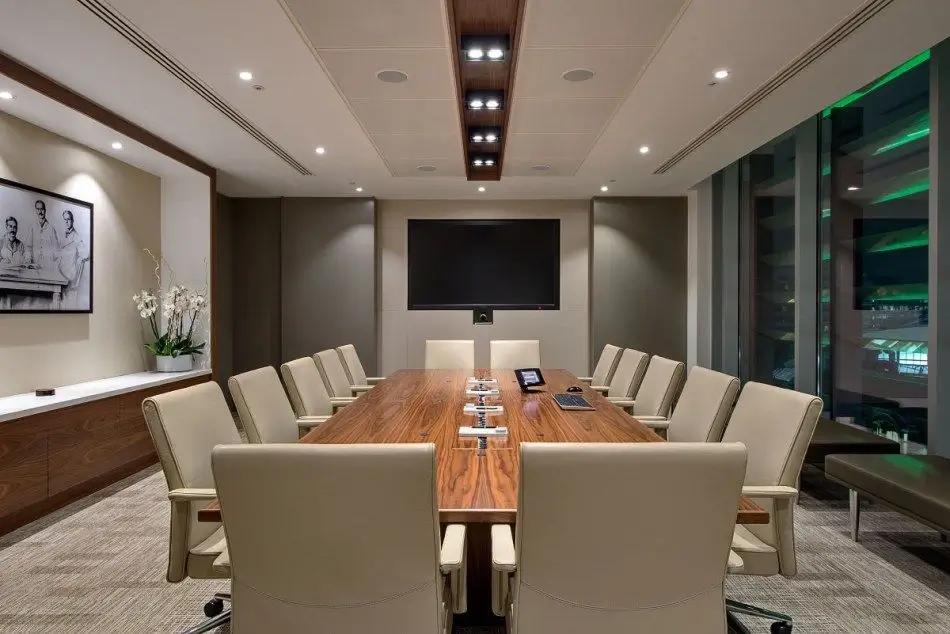 Spacious meeting room ready for a presentation